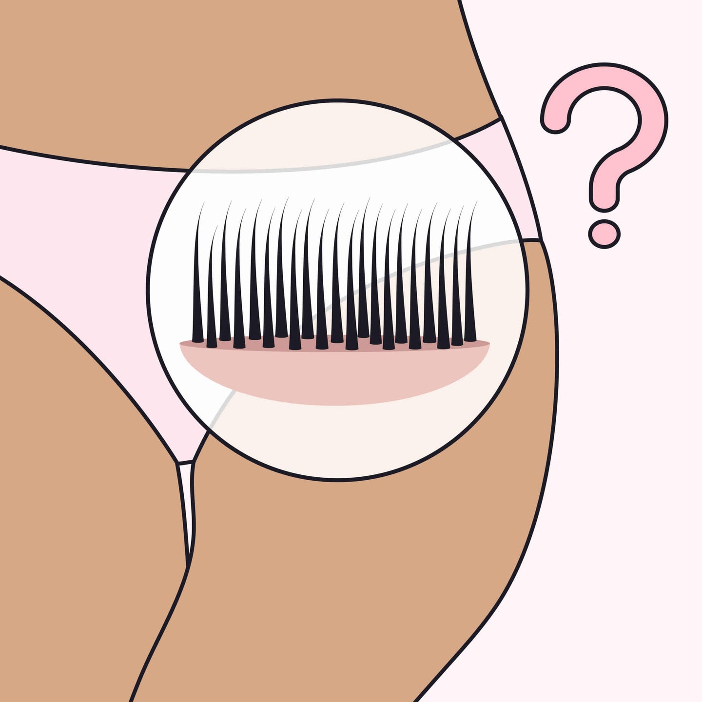 Illustration of thick pubic hair and a question mark